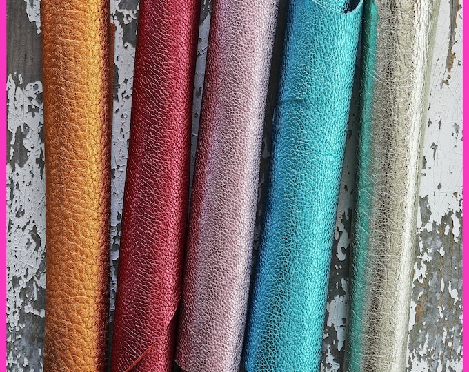 5 selected leather pieces, metallic palette, grainy calf leather remnants as per pictures    RT130   La Garzarara