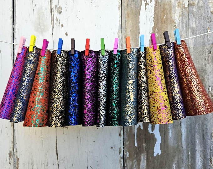 10 Colorful Printed Leather Scraps RANDOM selection, CRACKLED metallic printed leather pieces  6x5" / 15x12 cm  RT349