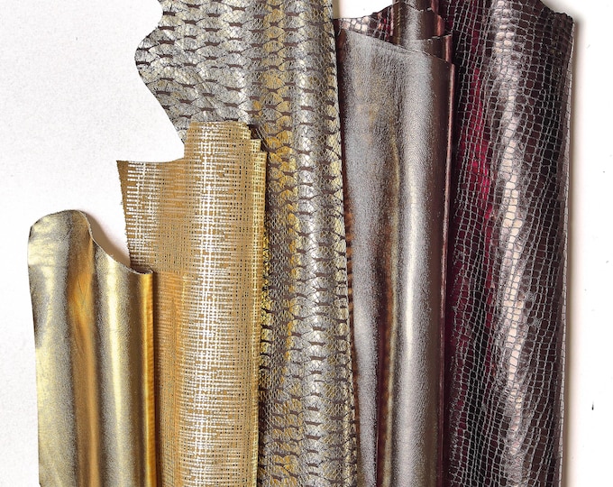 Full Leather skins GOLD and BRONZE palette, RANDOM assortment, mix of patterns and solid colors, crafting leather bundles  B142