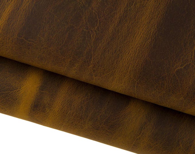 Brown yellow PULL UP leather hide, smooth thick vintage cowhide, sporty calfskin, 1.7 - 1.8 mm B17447-VT La Garzarara