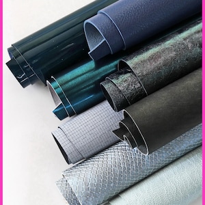 8 ritagli di pellami tono oceano blu, grigio, petrolio, verde, pezzi di pelle assortimento mix di colori come da foto RT115   La Garzarara