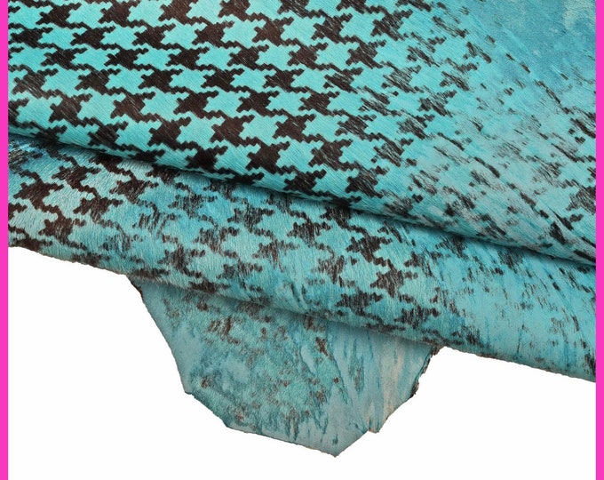 Pies de poule PRINTED hair on leather hide, light blue black pony calfskin, vintage distressed soft cowhide B15992-CV La Garzarara