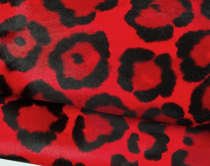 LEOPARD textured HAIR ON leather hide, red black cheetah print on hairy cowhide, elegant pony leather for crafting B18641-cv  La Garzarara