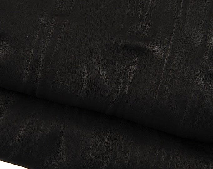 Black WRINKLED leather skin, semi glossy sporty soft goatskin, cortex like print on hide B17366-TB La Garzarara