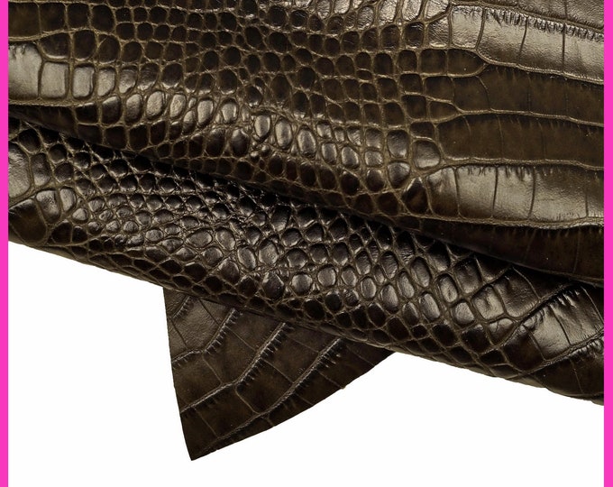 BROWN crocodile embossed cowhide, glossy croc printed calfskin, animal print stiff leather skin B15440-ST La Garzarara