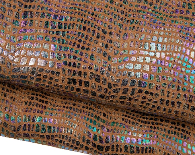 HOLOGRAPHIC printed leather skin,brown CROCODILE embossed goatskin, worn vintage effect very soft for hobbyists  B18730-MT(st) Garzarara
