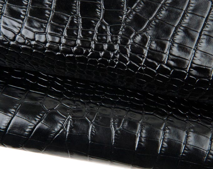 Black CROCODILE embossed leather hide, ALLIGATOR print on cowhide, glossy calfskin for crafting, 1.0 - 1.2 mm B18512-TB La Garzarara