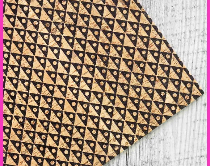 Printed CORK sheets - textured vegan fabric pieces , black geometric figures print  4 x 6" / 8 x 10" / 12 x 12"  B922  La Garzarara