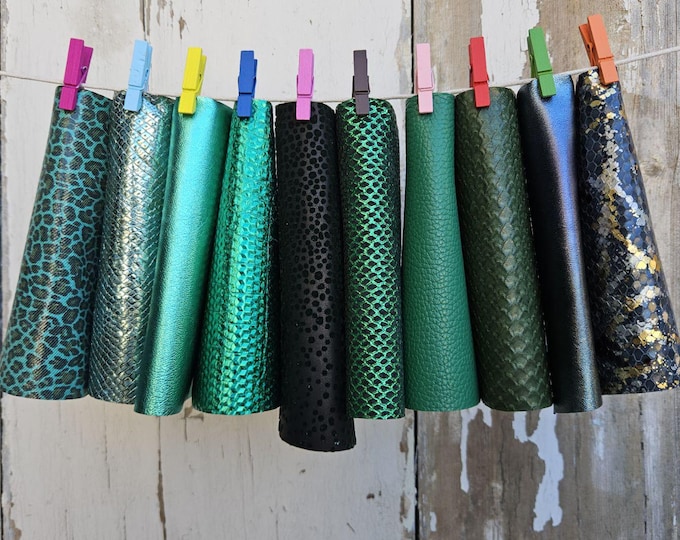 10 Colorful and bright printed leather scraps SELECTED selection, GREEN tone, various prints, leather offcuts  6x5" / 15x12 cm  RT345