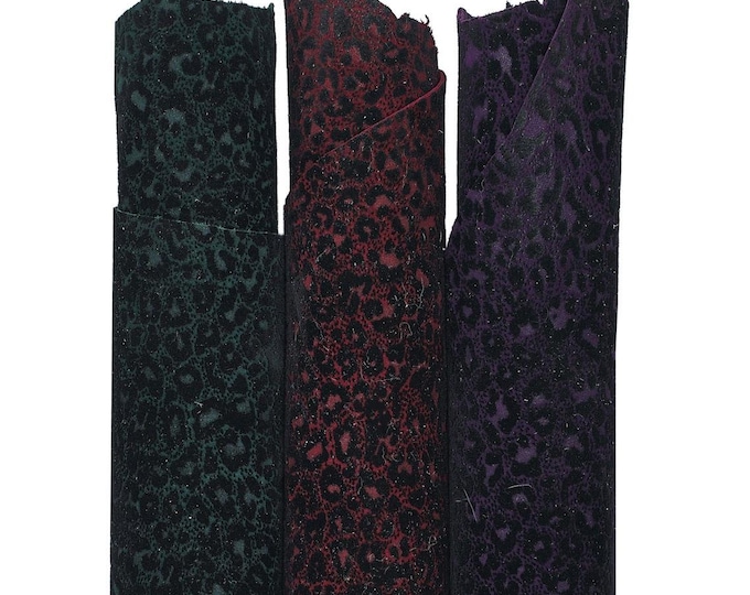 FLOCK LEOPARD textured leather skins, green red purple goatskin with animal print, soft cheetah hide for hobbyists B18337-ST   La Garzarara