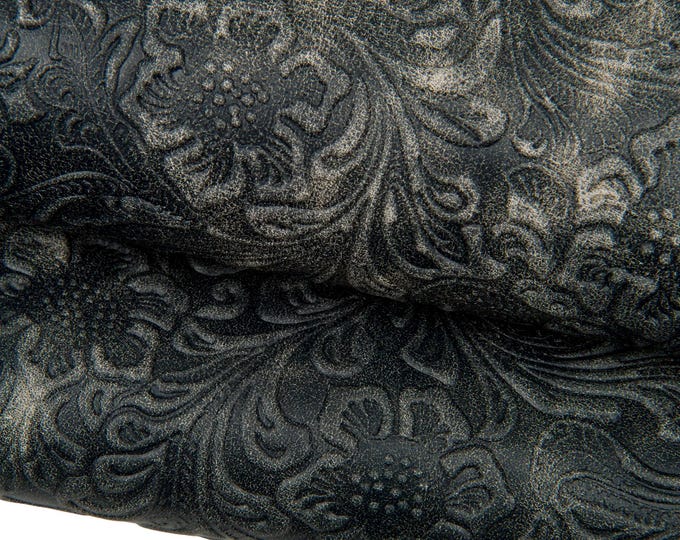 Floral embossed leather hide, grey/black aged distressed calfskin, vintage CHARRO printed BLEACHED cowhide   B17889-ST   La Garzarara