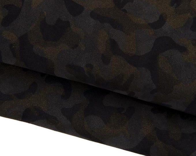 CAMOUFLAGE textured leather hide, grey and glitter bronze military print on split suede cowhide, 1.2 - 1.3 mm B17320-MT(ST) La Garzarara
