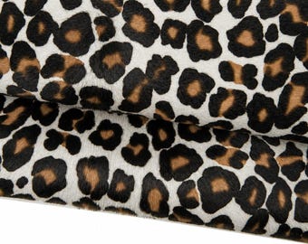 White LEOPARD hair on leather hide, cheetah textured PONY calfskin, animal printed cowhide for crafting  B18573-CV La Garzarara