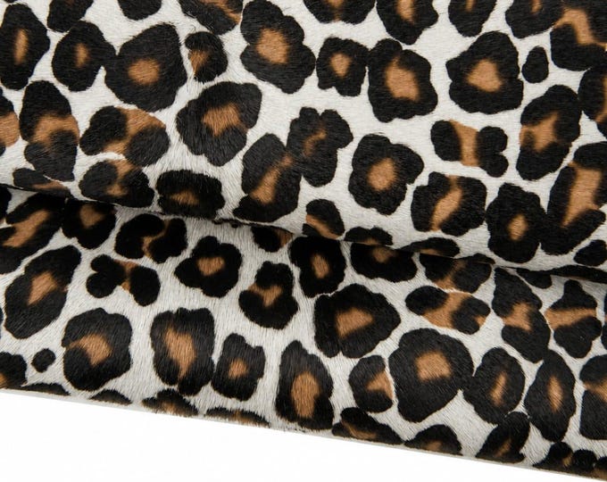White LEOPARD hair on leather hide, cheetah textured PONY calfskin, animal printed cowhide for crafting  B18573-CV La Garzarara