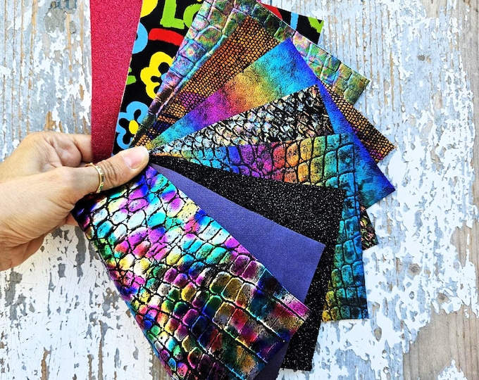 10 Selected leather scraps, printed and foils various, mix selection leather remnants as per pictures RT221    La Garzarara
