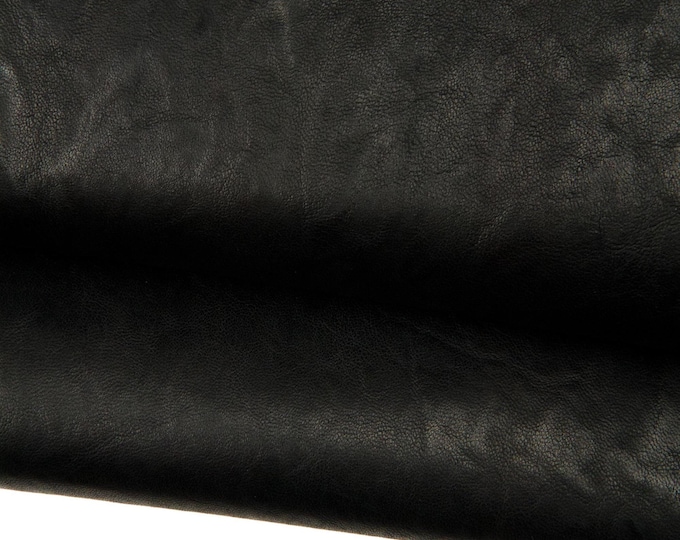 BLACK goatskin leather, VEGETABLE washed soft wrinkled skin, natural soft genuine italian hide, leather for crafting B12695-TB La Garzarara