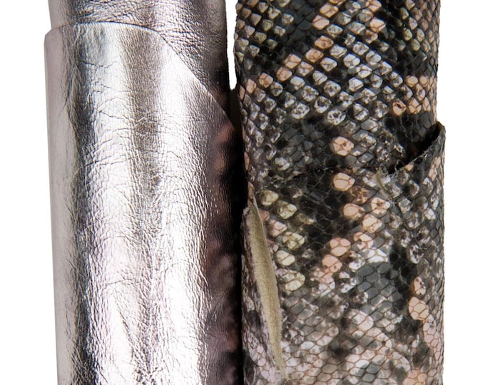Set of 2 leather hides, WRINKLED metallic lilac goatskin and pink-black PYTHON printed leather skin B18286-MT(st)  La Garzarara