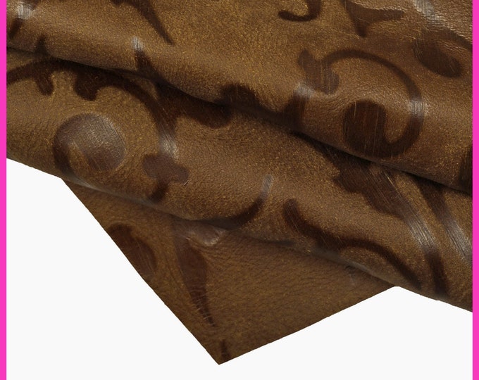 Baroque pattern on leather hide, brown vintage embossed cowhide, baroque print on thick calfskin, medium softness B15846-VT La Garzarara