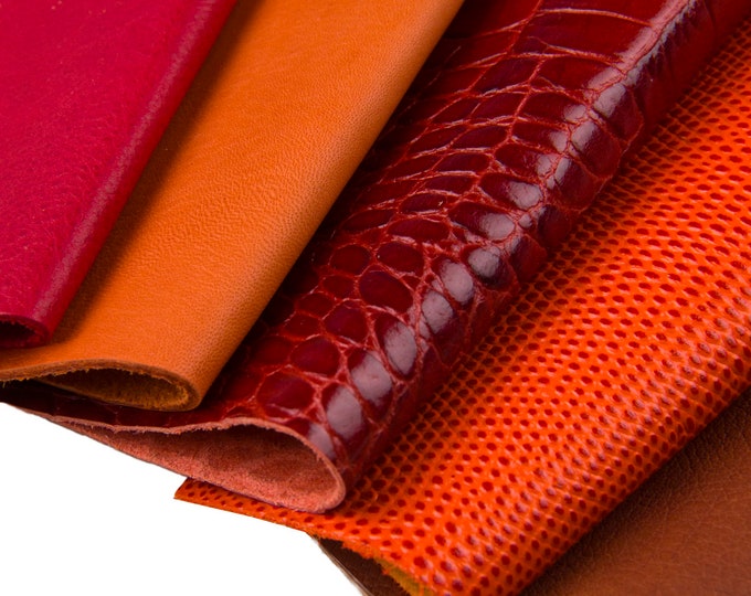 10 Selected leather scraps, RED and ORANGE color, mix colorful selection leather remnants as per pictures  B1552  La Garzarara