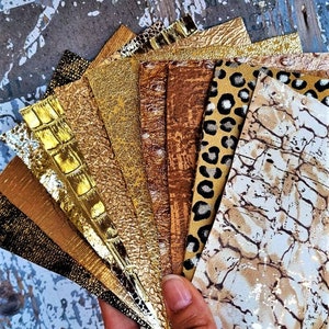 10 Ritagli di pellami unici selezionati, laminati e stampati, ORO, BEIGE e MARRONE, pezzi di pelle mix fantasie come da foto RT62/B