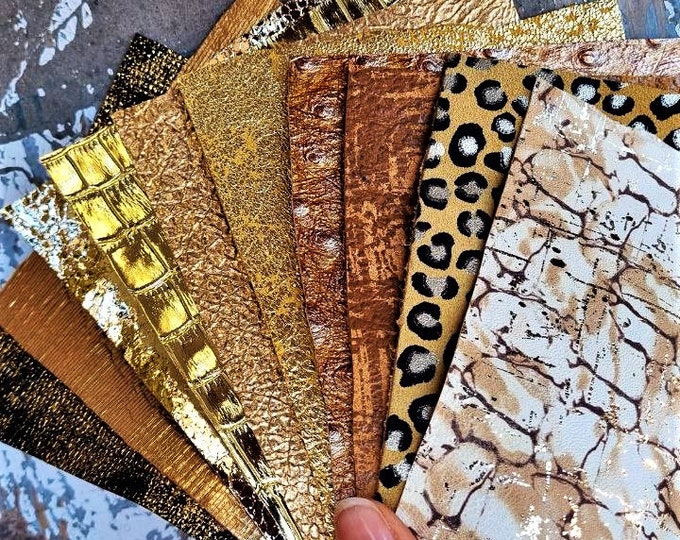 10 Selected leather scraps, GOLD, BEIGE and BROWN, metallic, textured, mix colorful selection leather remnants as per pictures RT62/B
