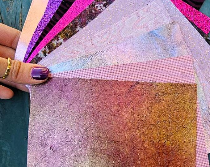 10 Selected leather scraps, PINK and LILLAC, printed and metalic printed,mix selection leather pieces as per pictures RT280  La Garzarara
