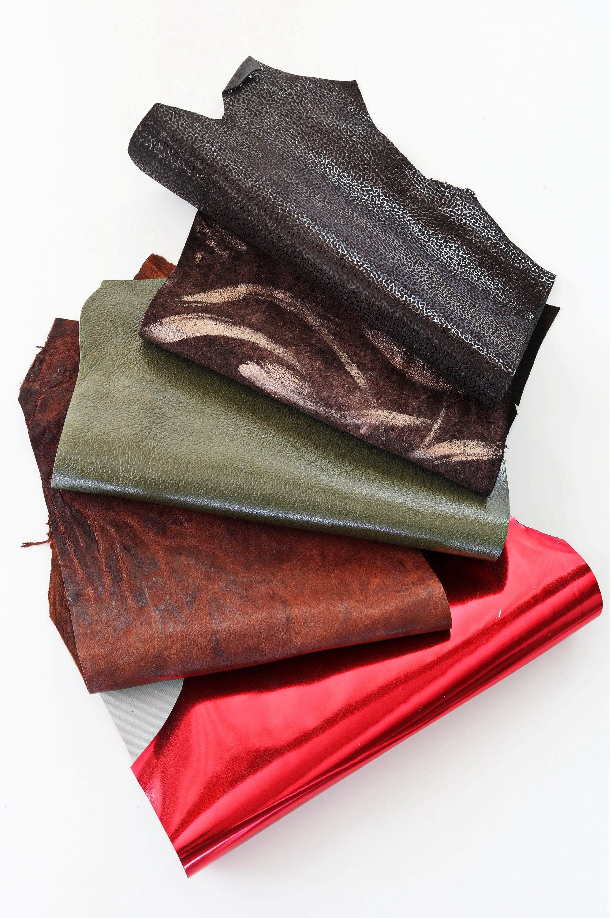 10 Selected leather scraps, black and brown tones, mix colorful selection leather  remnants as per pictures