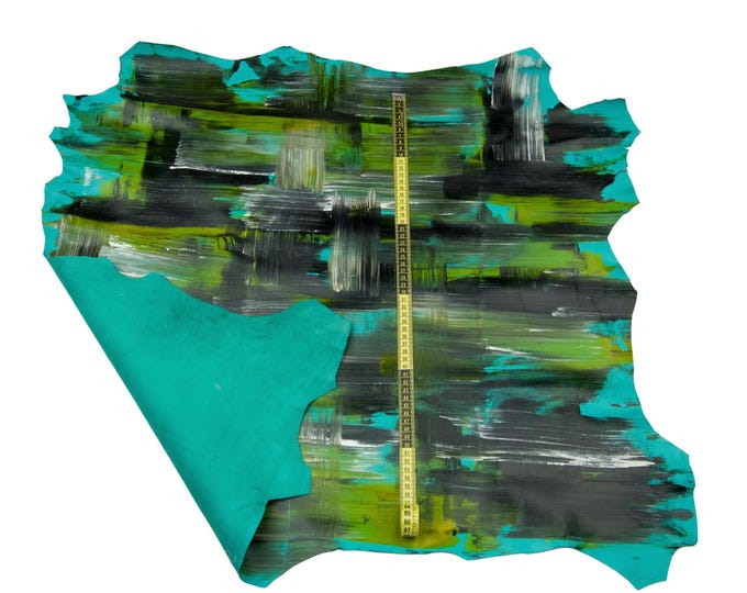 Hand PAINTED Leather - green grey black Unique Artisan Piece - STROKES print on glossy goatskin - High-Quality  B17864-DM La Garzarara