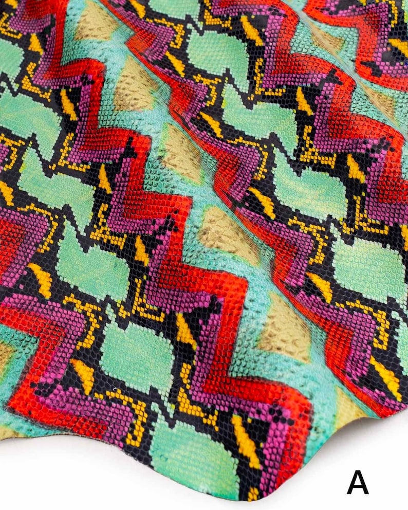 Multicolor PYTHON printed leather hide, reptile textured calfskin, snake pattern on glossy soft hide for DIY B18994-ST La Garzarara A 6/7 pq/A 6/7 sqft