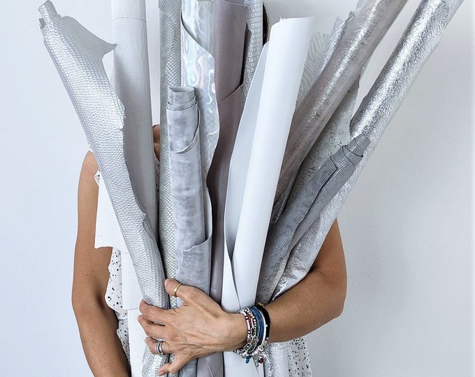 Full Leather skins WHITE, SILVER and GREY, Random Assortment, mix of patterns and solid colors, Crafting Leather Bundles  3 skins / 6 skins