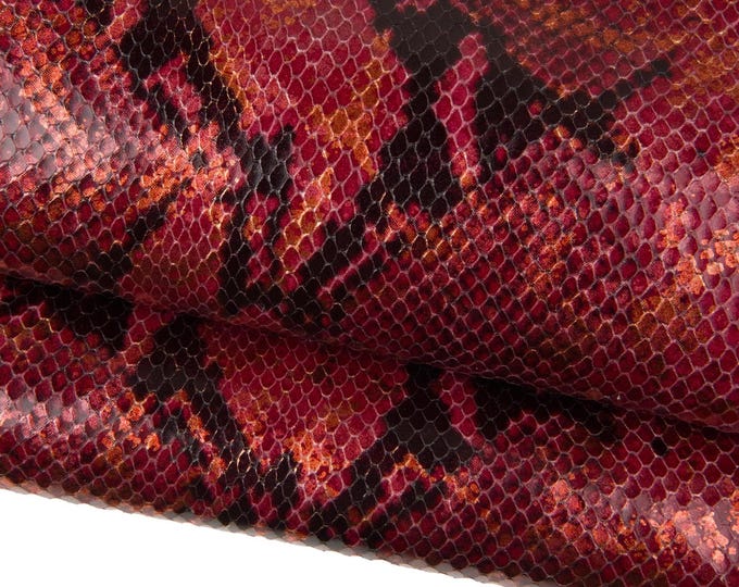 Red copper cowhide with black PYTHON print, snake textured calfskin, glossy and soft for hobbyists B18613-ST   La Garzarara