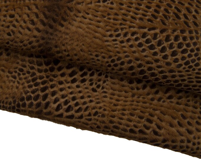 Brown hair on leather hide, CROCODILE animal print on pony calfskin, luxurious soft hairy cowhide B17420-CV La Garzarara