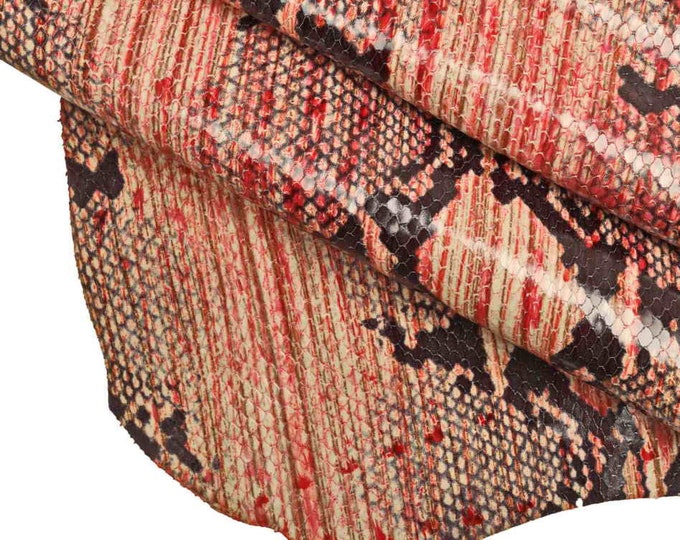 Multicolor Snake python skins - colorful snakeskin cowhide leather - speckled cream red brown black reptile calfskin   B13298-ST