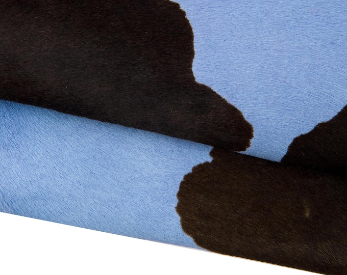 COW printed hair on leather hide, light blue - brown animal texture on soft PONY calfskin, ideal for crafters B18378-CV  La Garzarara