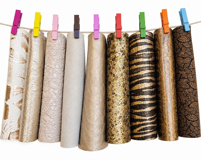 Selected Leather Scraps, Gold Champagne Beige and Cream Pieces, Metallic Prints Embossed Textures and Special Finishes  6x5"  15x12 cmRT347