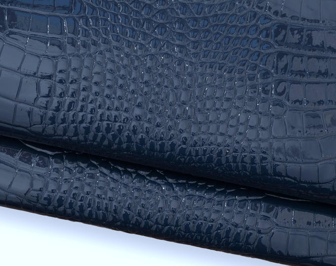Blue CROCODILE embossed leather hide, glossy alligator printed PATENT cowhide, 0.9 - 1.1 mm B18663-ST    La Garzarara