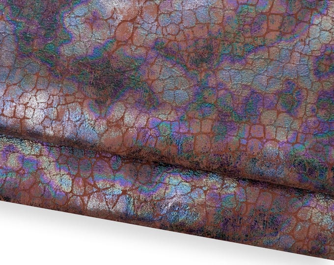 HOLOGRAPHIC printed leather skin, brick red CROCODILE embossed goatskin, vintage effect for hobbyists  B18728-MT(st) Garzarara