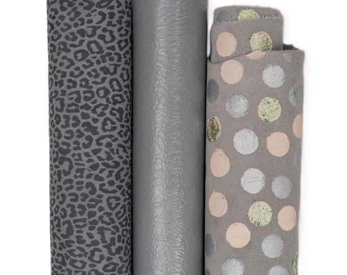Pack of grey leather skins: LEOPARD printed suede, POLKA dots textured split calfkin, glossy goatskin, as per picture B19538-ST LaGarzarara