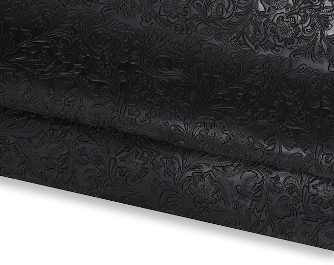 Black floral embossed leather cowhide, CHARRO flower print in RELIEF on calfskin, 1.0 - 1.2 mm B17218-TB  La Garzarara