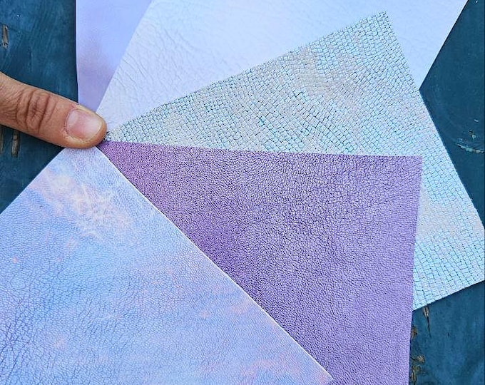 5 Selected leather scraps, VIOLET LAVENDER LILAC tones, printed and metalic printed, mix selection leather remnants as per pictures RT331