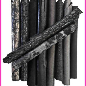 Scampoli di pelle miste, tonalità di NERO e GRIGIO, stampe, lamine e fantasie varie, ideali per l'artigianato, 10 o 15 pezzi  B087