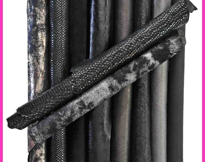Mix leather scraps - BLACK and GREY tones - fancy textures, foils and softness various, 10 or 15 italian leather pieces for crafts B087