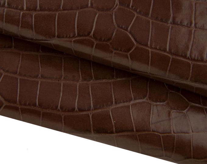 Brown CROCODILE embossed leather hide, animal printed cowhide, glossy calfskin, 0.9 - 1.0 mm for diy projects B17472-ST La Garzarara