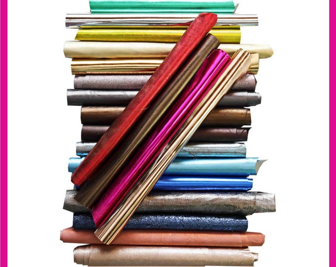 REMNANTS METALLIC leather Random assortment medium size cutouts, solid colors, finishings various  1 lbs - 1,7 lbs - 2 lbs - 4 lbs  AMZ31