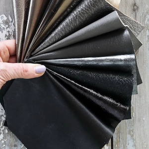 Ritagli di pelle Grigio, Nero, Acciaio e Fucile, scampoli laminati e NON, tinta unita, lisci, con grana e spessori vari    300 gr   B1518