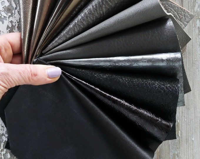 10 Leather Pieces - Grey, Black, Steel - Metallic & Smooth, Solid Tones, Varied Grains - Assorted Crafting Offcuts B1539  La Garzarara