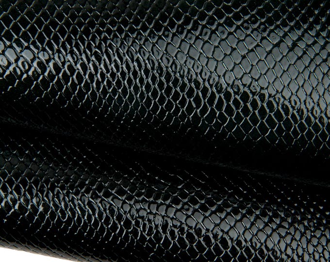 Dark green PYTHON leather hide, reptile printed cowhide, GLOSSY soft  embossed patent calfskin for crafting B17932-ST  La Garzarara