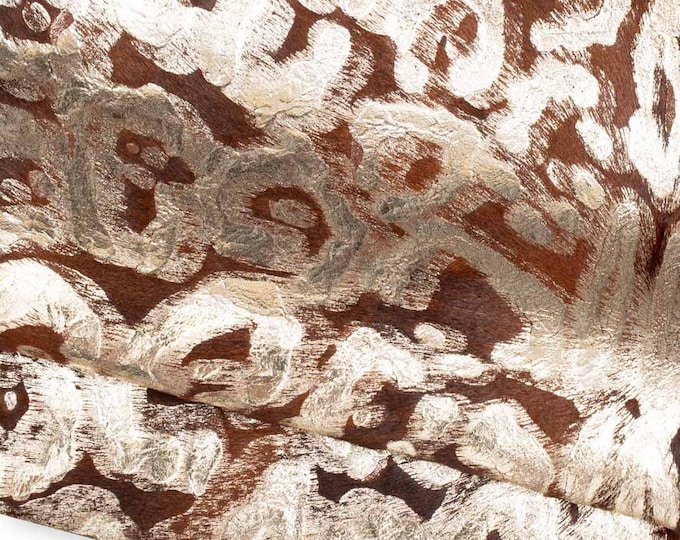 LEOPARD  textured hair on leather hide, light gold animal print on brown PONY calfskin, soft hairy cowhide B19694-CV LaGarzarara