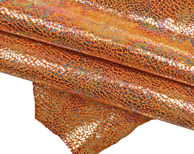 CRAKLE printed leather skin, orange color HOLOGRAPHIC metallic suede goatskin, bright and soft textured skins B15912-MT(st)/B   La Garzarara
