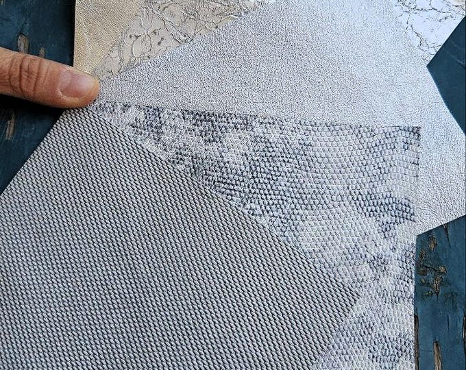 5 Selected leather scraps, SILVER tones, printed and metalic printed, mix selection leather pieces as per pictures RT333  La Garzarara